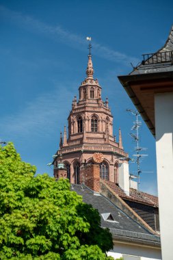 Mainz Almanya 'sında çan kulesi ve saat kulesi olan yüksek bir Dom St. Martin binası. Gökyüzü mavi ve berrak. Bina ağaçlarla çevrili.