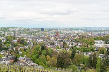 Almanya 'nın arka planında geniş bir bina bulunan Wiesbaden şehir manzarası. Gökyüzü bulutlu ve şehir ağaçlarla dolu.