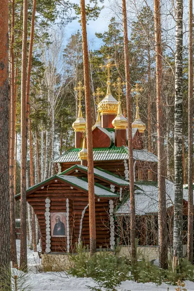 Yekaterenburg Rusya 'sında üzerinde altın kubbeler ve haç olan küçük tahta bir kilise. Kilise ağaçlar ve karlarla çevrili.