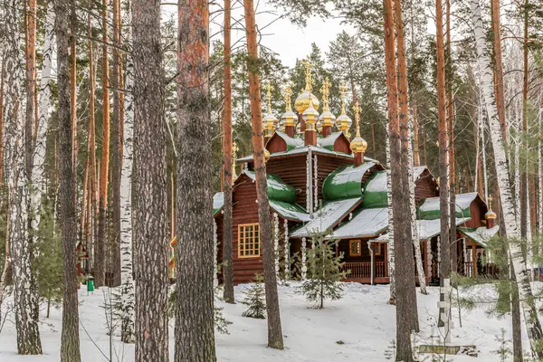 Yekaterenburg Rusya 'sında üzerinde altın kubbeler ve haç olan küçük tahta bir kilise. Kilise ağaçlar ve karlarla çevrili.