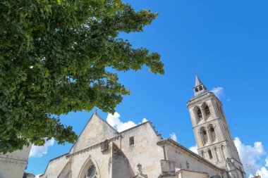 Konyak Fransa 'da önünde uzun bir çan kulesi ve bir ağaç olan bir kilise. Gökyüzü mavi ve berrak