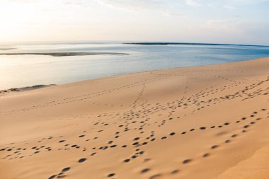 Arkasında kumlu bir plaj olan Fransa 'daki kumsal Pilat' ta okyanusun üzerinde güzel bir gün batımı. Gökyüzü bulutlarla dolu ve güneş batıyor, suyun üzerine sıcak bir parıltı saçıyor. Kumsal boş.