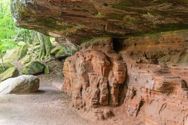 Kızıl kaya oluşumları boyunca uzanan patika yolu Almanya 'nın Saarland bölgesinde Altschlossfelsen saklıdır. Taşların parlak kırmızı ve turuncu renkli ve soyut bir şekli var..
