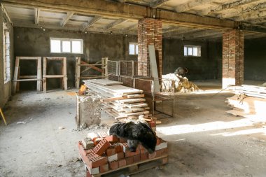 Büyük bir binanın inşaatı devam ediyor, tuğlalar ve aletli yapı malzemeleri görülebilir durumda. Duvarlar çeşitli tuğlalardan ve betondan yapılmıştır..