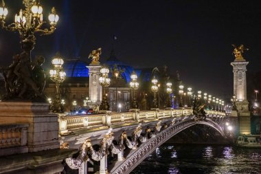 Akşamları Alexander Köprüsü 3 'te. Fotoğraf akşam geç saatlerde köprünün ışıkları açıkken çekilmişti. Invalides 'in evi arka planda görünüyor..