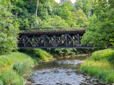 Almanya 'nın her iki tarafında da ağaçlar olan bir nehir boyunca uzanır. Su sakin ve gökyüzü berrak.