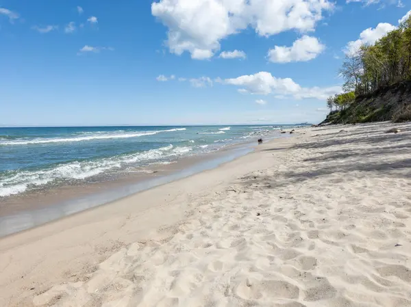 Kaliningrad Rusya 'sında Baltık Denizi' nin arka planında su birikintisi olan bir sahil. Gökyüzü mavi ve bazı bulutlar var.
