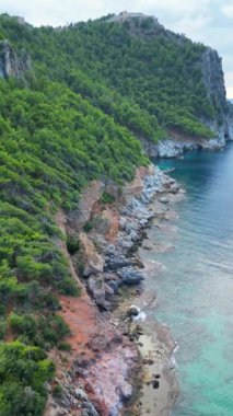 Kayalık kıyı dronu yeşil ağaçların yanından uçuyor