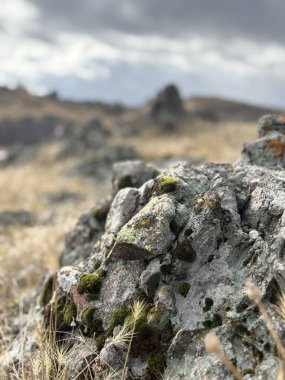 Çıplak kayalıklar bulutlu kayalıkları rahatlatıyor. Uçurumlar bulutlu. Yüksek kalite fotoğraf