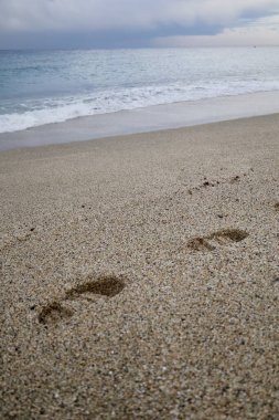 Ayak izleri kumlu kumsalda. Yüksek kalite fotoğraf