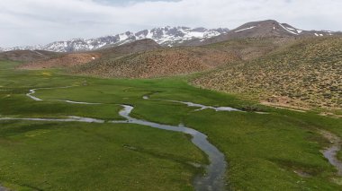 Dağ yeşili manzara. Ufuktaki ilk çimenlikte, karla kaplı dağları sersemleten doğa. Yüksek kalite fotoğraf