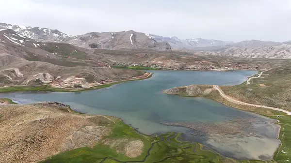 Dağ yeşili manzara. Ufuktaki ilk çimenlikte, karla kaplı dağları sersemleten doğa. Yüksek kalite fotoğraf