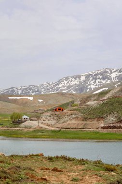 Dağ yeşili manzara. Ufuktaki ilk çimenlikte, karla kaplı dağları sersemleten doğa. Yüksek kalite fotoğraf