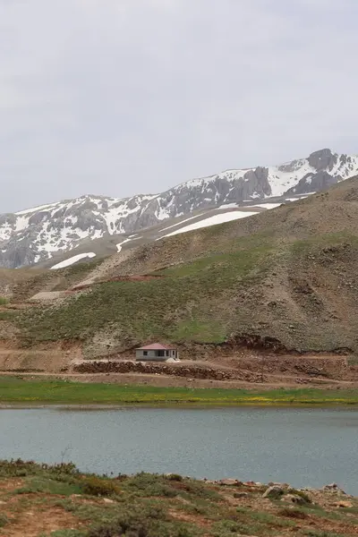 Dağ yeşili manzara. Ufuktaki ilk çimenlikte, karla kaplı dağları sersemleten doğa. Yüksek kalite fotoğraf