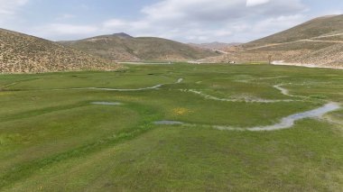 Dağ yeşili manzara. Ufuktaki ilk çimenlikte, karla kaplı dağları sersemleten doğa. Yüksek kalite fotoğraf