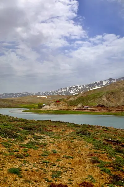 Dağ yeşili manzara. Ufuktaki ilk çimenlikte, karla kaplı dağları sersemleten doğa. Yüksek kalite fotoğraf