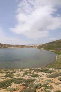 Dağ yeşili manzara. Ufuktaki ilk çimenlikte, karla kaplı dağları sersemleten doğa. Yüksek kalite fotoğraf