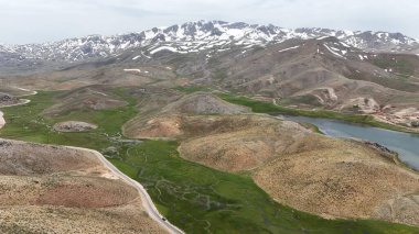 Dağ yeşili manzara. Ufuktaki ilk çimenlikte, karla kaplı dağları sersemleten doğa. Yüksek kalite fotoğraf