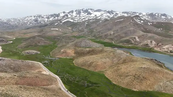 Dağ yeşili manzara. Ufuktaki ilk çimenlikte, karla kaplı dağları sersemleten doğa. Yüksek kalite fotoğraf
