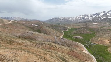 Dağ yeşili manzara. Ufuktaki ilk çimenlikte, karla kaplı dağları sersemleten doğa. Yüksek kalite fotoğraf