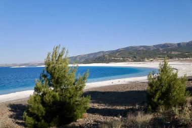 Mavi göl manzarası. Nehir, ağaçlar, gökyüzü. Türkiye 'de Göl Yüksek Kaliteli Fotoğraf
