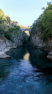 Kayalık bir kanyonun üzerindeki köprü. Yüksek kalite fotoğraf