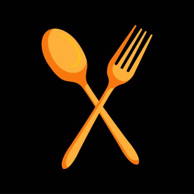 Çapraz kaşık ve çatal yemek ikonu, mutfak gereçleri sembolü, restoran veya kafe logosu kavramı koyu arkaplan üzerine