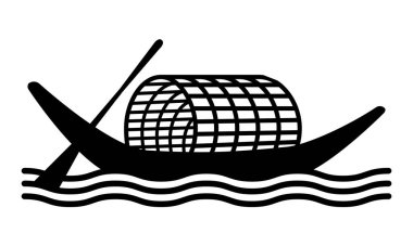 Nehirde bambu gölgeli geleneksel teknenin vektör çizimi, kırsal el yapımı balıkçı teknesi.