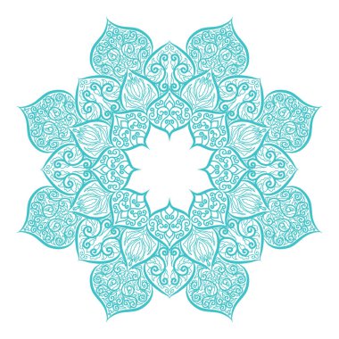 Etnik süslemeli çiçek mandala ve beyaz arka planda mavi renkli soyut dairesel desen