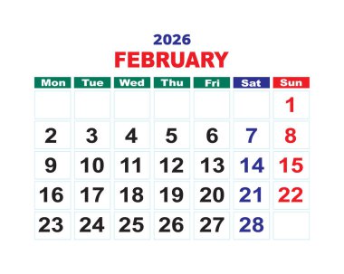 Şubat 2026 takvim şablonu, iş veya kişisel kullanım için düzenlenebilir planlama düzeni, temiz ızgara tasarımı