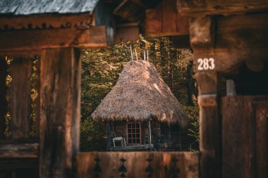 Huzurlu bir orman ortamında güzelce yerleştirilmiş, sazdan çatılı, büyüleyici ve resimli bir kulübe.