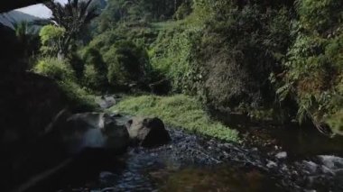 Nehrin dağlara yakın akışını gösteren drone videosu ve insansız hava aracı köprünün üzerinden geçerken, insansız hava aracı ileriye doğru hareket ederken ve kamera ileriye bakarken.