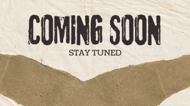 Yırtık kağıt dokusu ve sanatsal arkaplan ile belirgin bir şekilde gösterilen 'Coming Soon' metni, gerilim ve beklenti uyandıran, Retro temalı resim.