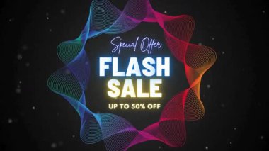 Colorful promotional design with glowing text advertising a flash sale. Features abstract shapes.