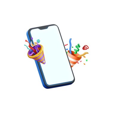 Neşeli konfeti ve parti malzemeleri dijital akıllı telefon ekranından fışkırıyor, kutlama anlarını ve dijital bağlantıyı simgeliyor.