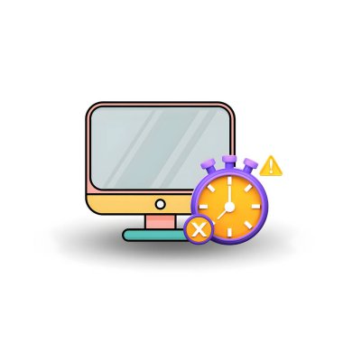 Kronometre ve uyarı sembolleriyle eşleştirilmiş bir bilgisayar monitörünün minimalist çizgi film tarzı çizimi. Acil taşıma, teslim tarihleri ve zamanla ilgili dijital temalar için mükemmel.