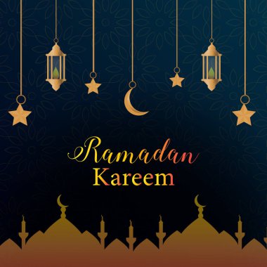 Ramazan Kareem İslami Festivali koyu mavi arka planda dekorasyon kutlaması. Ramon Kareem Yaratıcı Tasarım Modern Mandala Shado. İslam camii ile Mübarek Altın Dağ tasarımı.