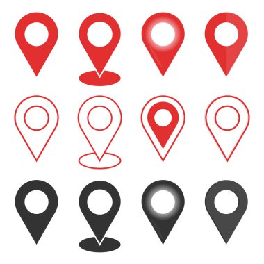 Konum pimi çoklu stil seti. Vektör sen buradasın GPS navigasyon haritası işaretleyici. Konum web ögesi tasarımını gösteren 3d vektör haritası simgesi. navigasyon işaretini yerleştir. Konum pin eğrisi kümesi.