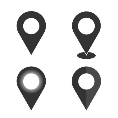 Konum pin çoklu stiller siyah renk seti. Vektör sen buradasın GPS navigasyon haritası işaretleyici. Yarı gölge lokasyon iğneleri. Konum pin gradyanı seti. 3d kırmızı konum pin koleksiyonu vektör illüstrasyonu.