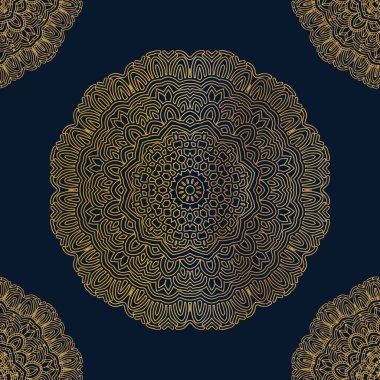 Koyu mavi arka planda Arap stili mandala deseni. Lüks dekorasyon mandala. Altın desenli lüks mandala süslemeleri. Lüks altın mandala vektörü.