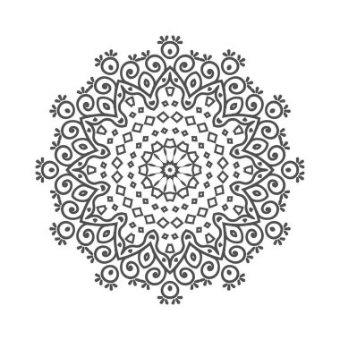 Beyaz arka planda Hint dekorasyon mandala deseni. Koyu gri renkli mandala desenli vektör. Mandala çizgisi çizimi. Boyama kitabı için dekorasyon mandala süsü. davet kartı.