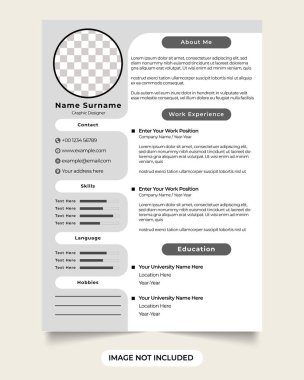 Basit bir iş başvurusu CV şablonu ve deneyim ve beceri bölümü. Şirket ofisi fotoğraf tutucularla tasarıma devam ediyor. Müfredat için modern basit şablon.