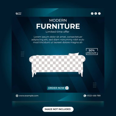 Modern mobilya mağazaları soyut şekilli sosyal medya postası tasarımı satar. Özel mobilya indirimi web pankartı tasarımı ve koyu ve sarı arkaplanlı Instagram iletisi sunar.