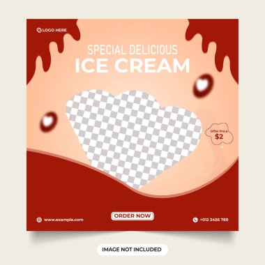 Dijital pazarlama için özel lezzetli dondurma tasarımı. Dondurma ve kremalı tatlı indirimi şablonu. dondurma sosyal medya soyut şekilli vektör.