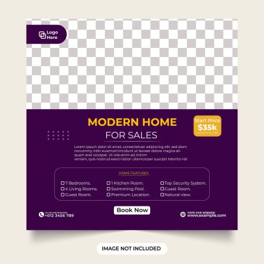 Modern ev satışları sosyal medya dizaynı mor renkli. Dijital pazarlama için minimalist emlak işi şablonu. Sosyal medya paylaşımı için modern ev satış şablonu.