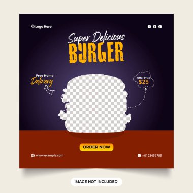 Süper lezzetli hamburger sosyal medya şablonu. Koyu mavi arka planlı hamburger indirimi. Domates dilimli pankart düşüyor. Lezzetli hamburger fast food menüsü sosyal medya web pankartı.