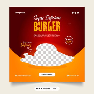 Restoran için hamburger sosyal medya paylaşımı ve lezzetli burger web pankartı şablonu. Özel burger promosyon şablonu. Yemek menüsü lezzetli hamburger sosyal medya afişi. Hamburgersiz dağıtım indirimi.