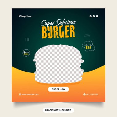 Burger sosyal medya paylaşımı. Yemek menüsü lezzetli burger. özel burger promosyonu siyah fast food afişi ile domates dilimi düşen yiyecek sosyal medya promosyonu tasarım şablonu