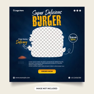 Süper lezzetli hamburger sosyal medya şablonu. Koyu mavi arka planlı hamburger indirimi. Domates dilimli pankart düşüyor. Lezzetli hamburger fast food menüsü sosyal medya web pankartı.