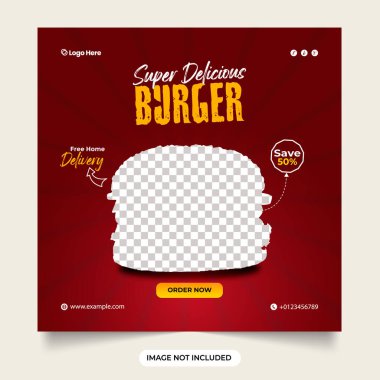 Burger sosyal medya paylaşımı. Yemek menüsü lezzetli burger. özel burger promosyonu siyah fast food afişi ile domates dilimi düşen yiyecek sosyal medya promosyonu tasarım şablonu